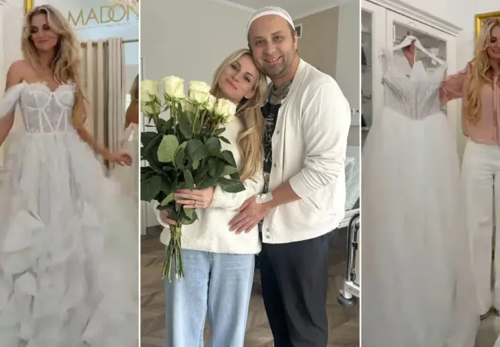 Anita ze "Ślub od pierwszego wejrzenia" w salonie sukien ślubnych. Widać ją w pięknej sukni, z bukietem róż i z partnerem.