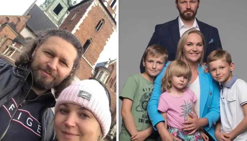 Dominika Chorosińska z mężem i dziećmi na tle Wawelu i w studiu. Rodzina prezentuje się radośnie.