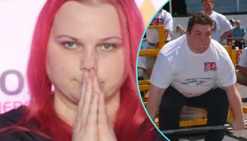 Agata Wróbel z mężem. Ona z dłońmi złożonymi do modlitwy, on w pozycji do podnoszenia ciężarów.