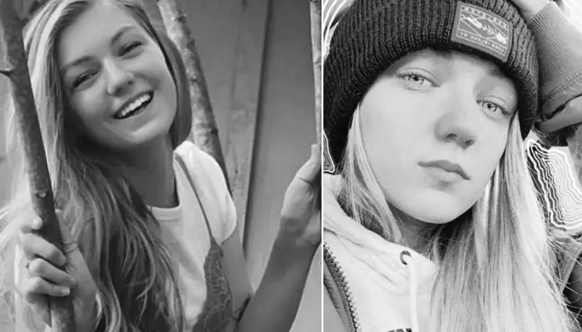 Dwie fotografie Gabby Petito: uśmiechnięta na tle drzew i w czapce z daszkiem.