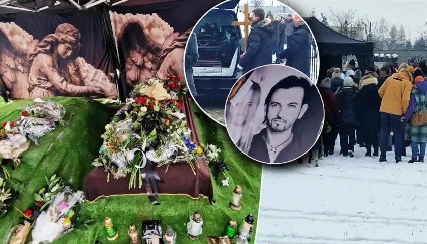 Uroczystość pogrzebowa Gabriela Seweryna. Wieniec, znicze i portret zmarłego. Tłum żałobników w zimowej scenerii.