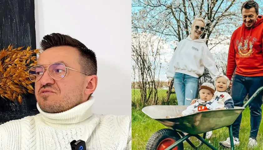Kamil z uśmiechniętą rodziną, w tym dwójką dzieci w taczce, cieszy się wiosennym dniem.
