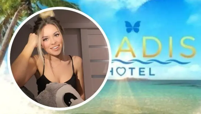 Uśmiechnięta Inga marzy o wakacjach w Hotel Paradise. Tropikalna plaża i palmy w tle.