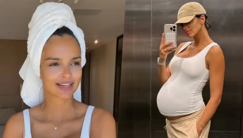 Klaudia El Dursi w ciąży, z ręcznikiem na głowie i w białej bluzce, a obok selfie z widocznym brzuszkiem ciążowym.