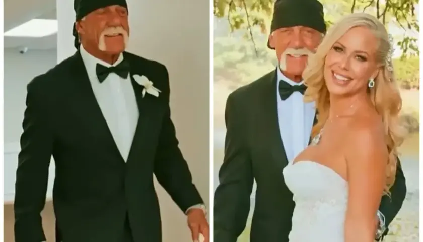 Hulk Hogan w czarnym smokingu i z charakterystyczną opaską na głowie, uśmiecha się obok panny młodej. To jego strefa komfortu, pełna radości.