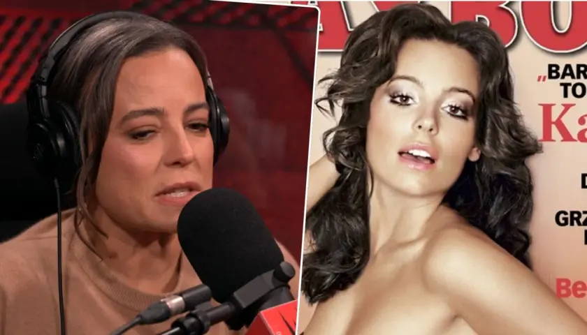 Anna Mucha w słuchawkach przy mikrofonie obok okładki magazynu Playboy z jej zdjęciem.