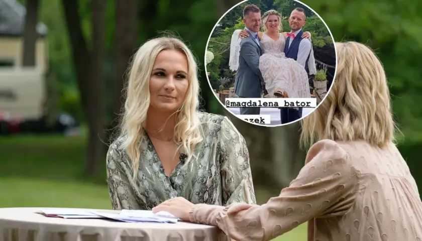 Magda z Rolnik szuka żony na spotkaniu. W tle zdjęcie z wesela, gdzie trzyma ją na rękach pan młody.