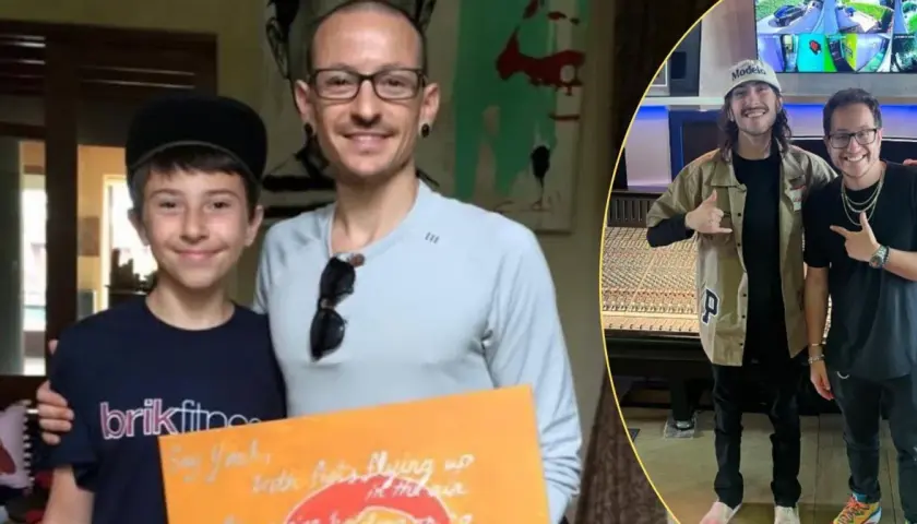 Chester Bennington z synem, trzymający plakat z tekstem piosenki. Obok dwaj mężczyźni w studiu nagraniowym.