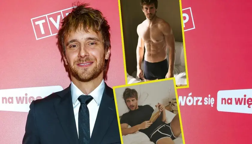 Maciej Musiał wzrost. Aktor w garniturze i dwie wstawki z sesji w bieliźnie.