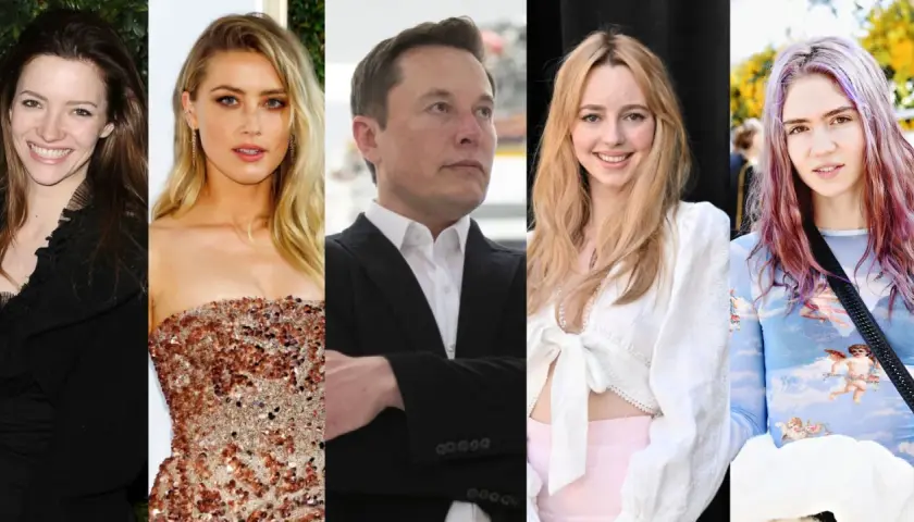Elon Musk z żonami i partnerkami: Talulah Riley, Amber Heard, Grimes.