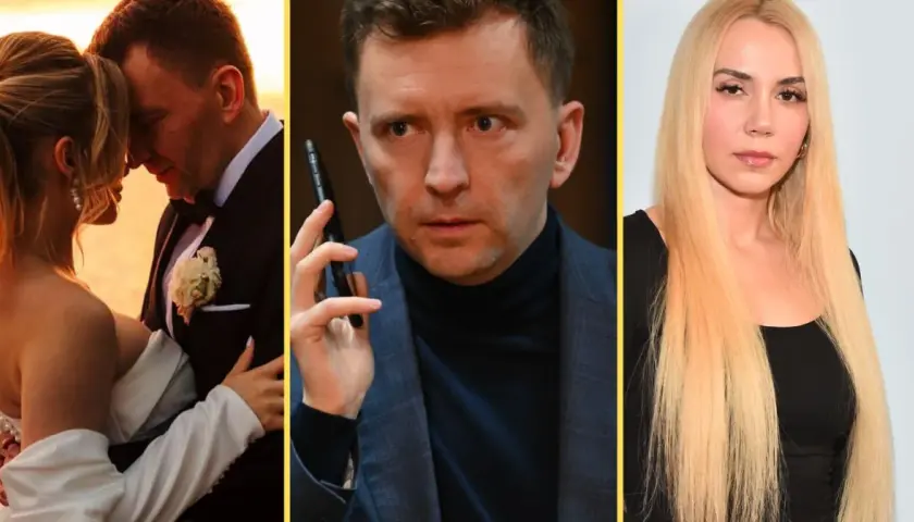 Łukasz Schreiber z pierwszą żoną na ślubnym kobiercu, w środku z telefonem, obok blondynka.