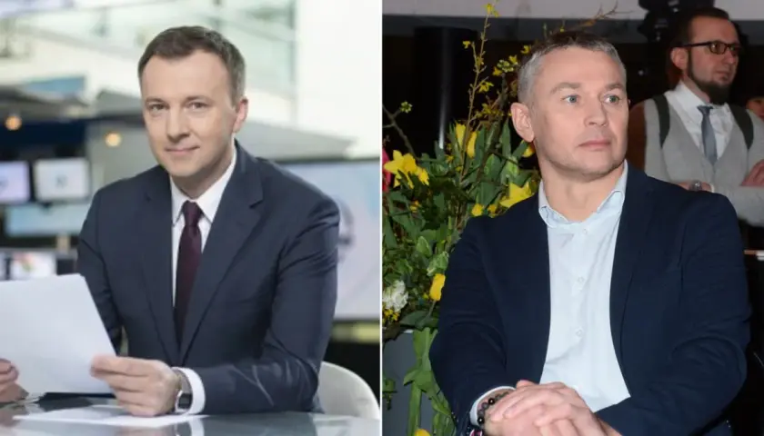 Dwóch mężczyzn, byli dziennikarze TVN, w eleganckich strojach. Jeden w garniturze z dokumentami, drugi w marynarce, na tle kwiatów.