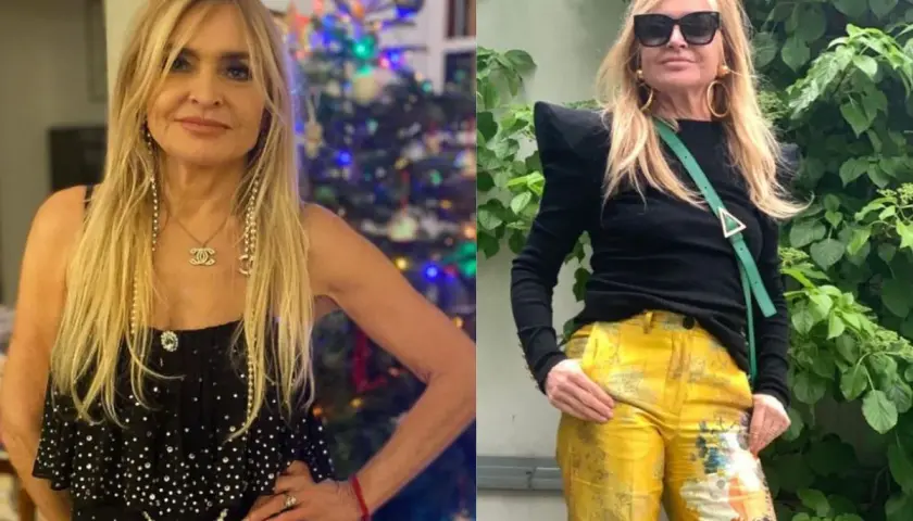 Monika Olejnik w dwóch stylizacjach. Po lewej w czarnej sukience i perłach, po prawej w żółtych spodniach i czarnej bluzce z poduszkami na ramionach.