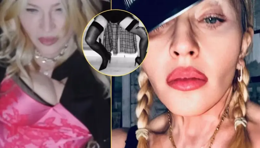 Madonna bez makijażu, w różowej sukience i z warkoczami. W okręgu widać jej nogi w pończochach i szpilkach.