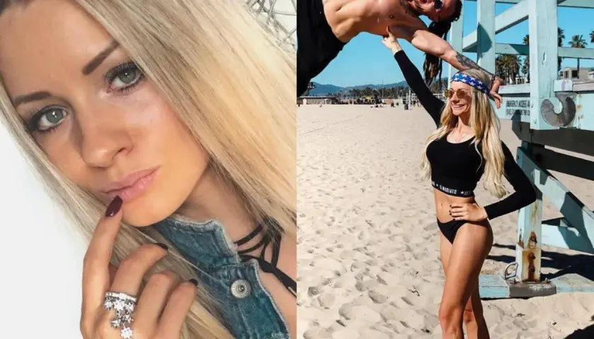 Pamela z Fit Lovers na plaży, w czarnym bikini i opasce na głowie. Obok niej mężczyzna w akrobatycznej pozie.