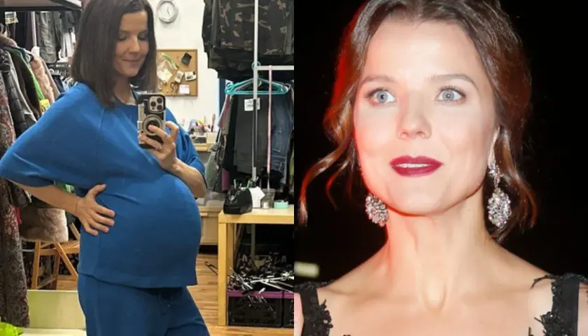 Joanna Jabłczyńska w zaawansowanej ciąży, z dłonią na brzuchu, obok jej twarz w eleganckiej kreacji.