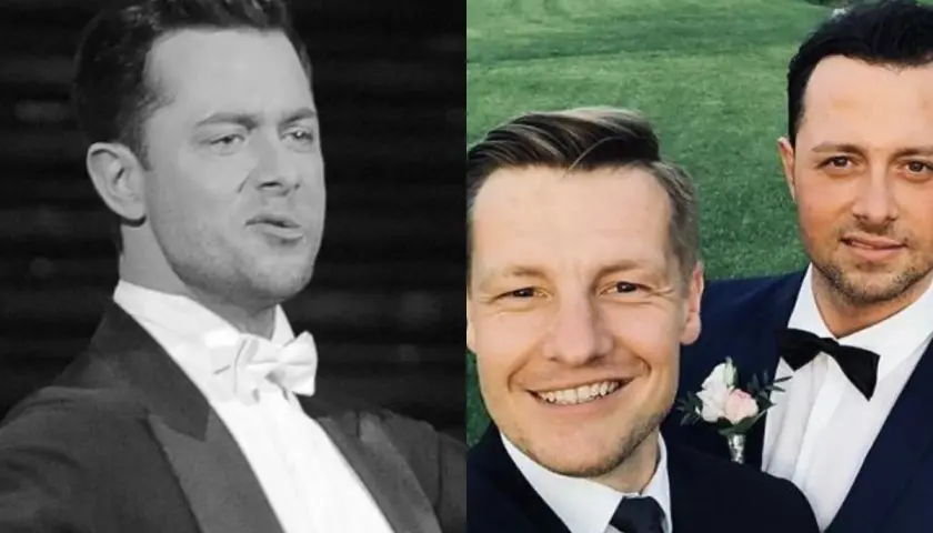 Cezary Olszewski w garniturze i z żoną na ślubie.
