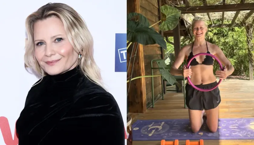 Małgorzata Kożuchowska wiek nie przeszkadza w aktywności fizycznej. Aktorka ćwiczy z hula-hop na tarasie.