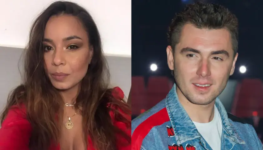 Kamil Bednarek z żoną, piękną kobietą w czerwonej bluzce i z naszyjnikiem.