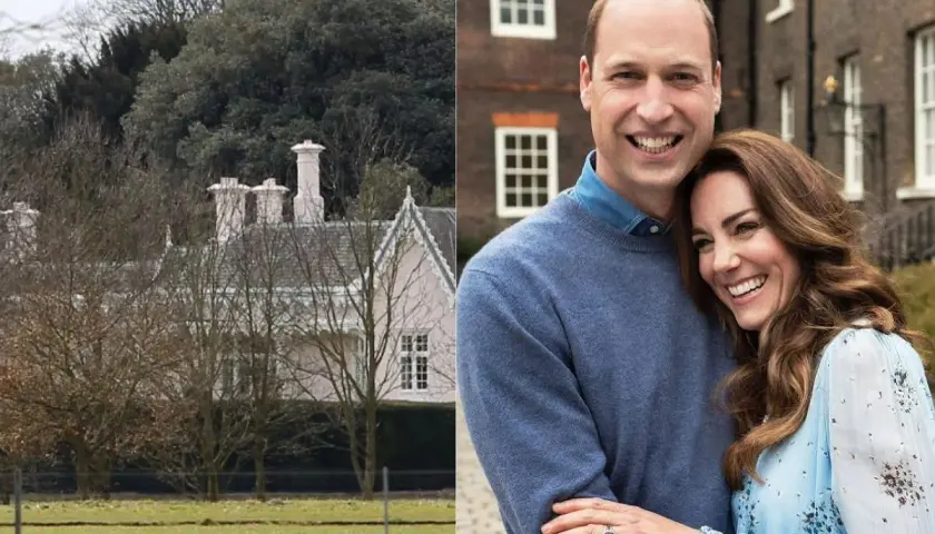 Księżna Kate i William uśmiechają się radośnie. W tle widać ich dom i drzewa. Ostatnie wiadomości o parze są pozytywne.