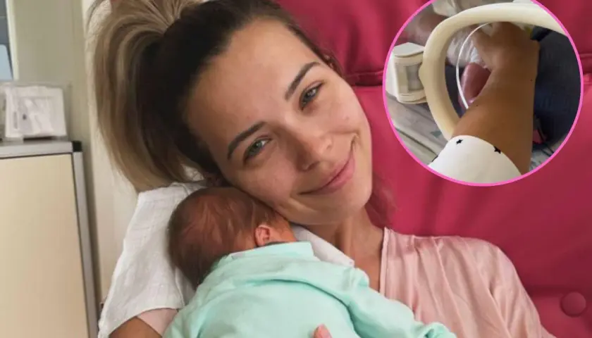 Sandra Kubicka urodziła! Szczęśliwa mama tuli noworodka, a w okienku widać jego maleńką rączkę.