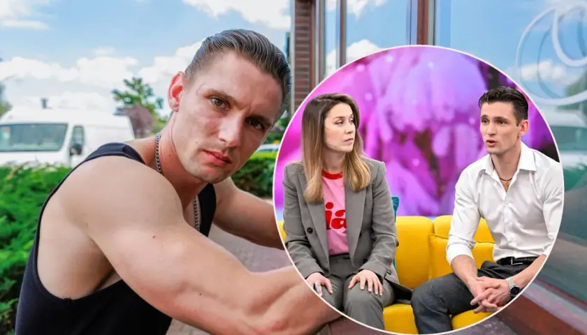 Filip Gurłacz w czerni i bieli, obok niego kobieta i mężczyzna w okrągłej ramce. Czy to jego rodzice?