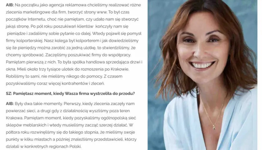 Uśmiechnięta Anna Izydorek Brzoska, z brązowymi włosami i w jasnej bluzce, opowiada o początkach swojej firmy.