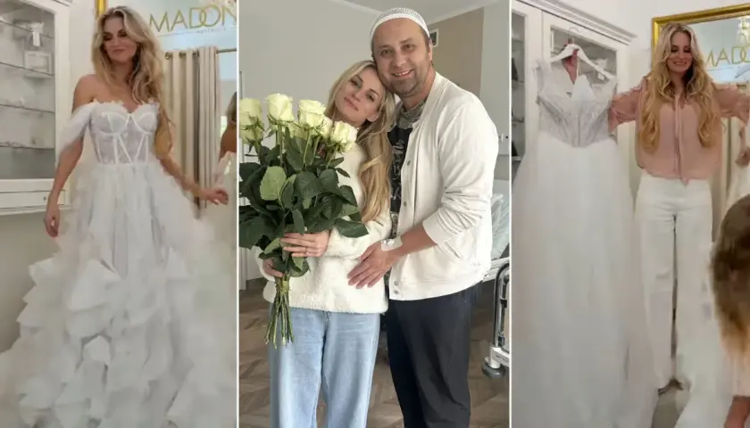 Anita ze "Ślub od pierwszego wejrzenia" w salonie sukien ślubnych. Widać ją w pięknej sukni, z bukietem róż i z partnerem.