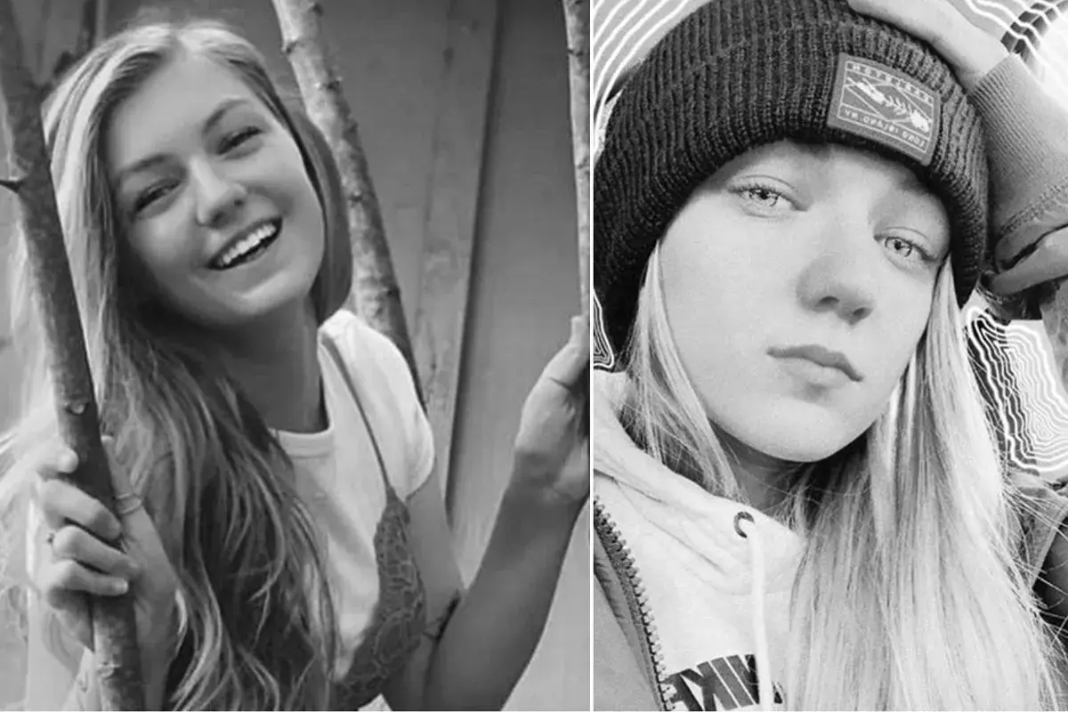 Dwie fotografie Gabby Petito: uśmiechnięta na tle drzew i w czapce z daszkiem.