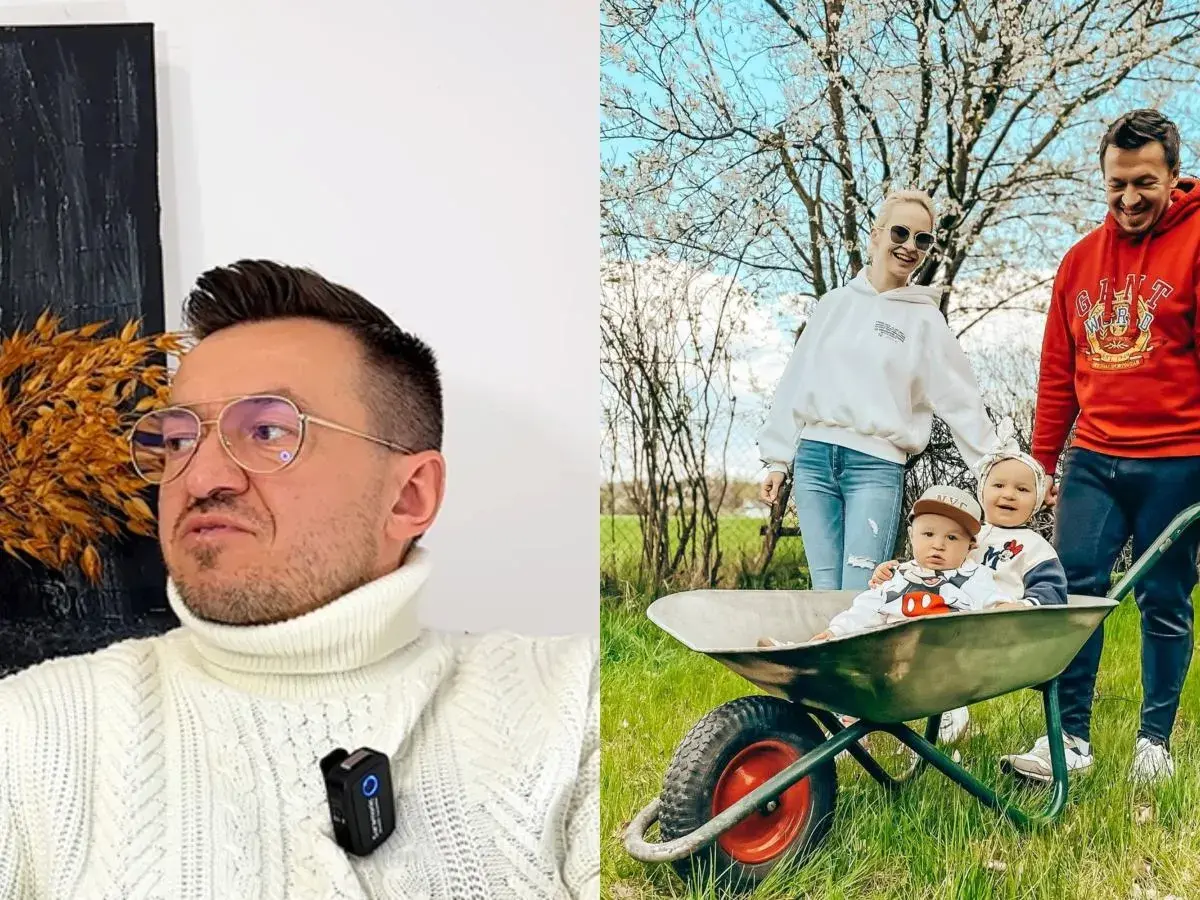 Kamil z uśmiechniętą rodziną, w tym dwójką dzieci w taczce, cieszy się wiosennym dniem.