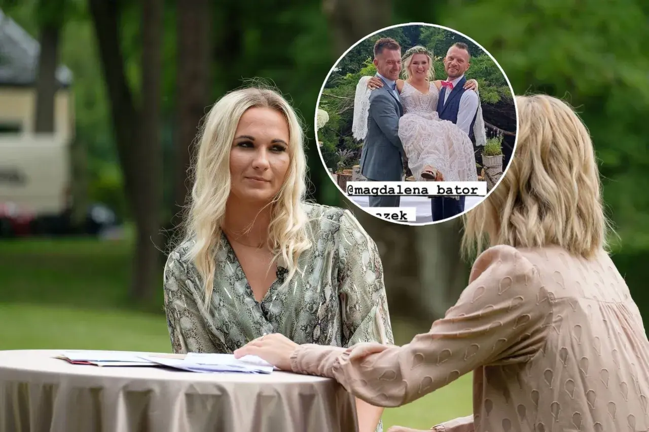 Magda z Rolnik szuka żony na spotkaniu. W tle zdjęcie z wesela, gdzie trzyma ją na rękach pan młody.