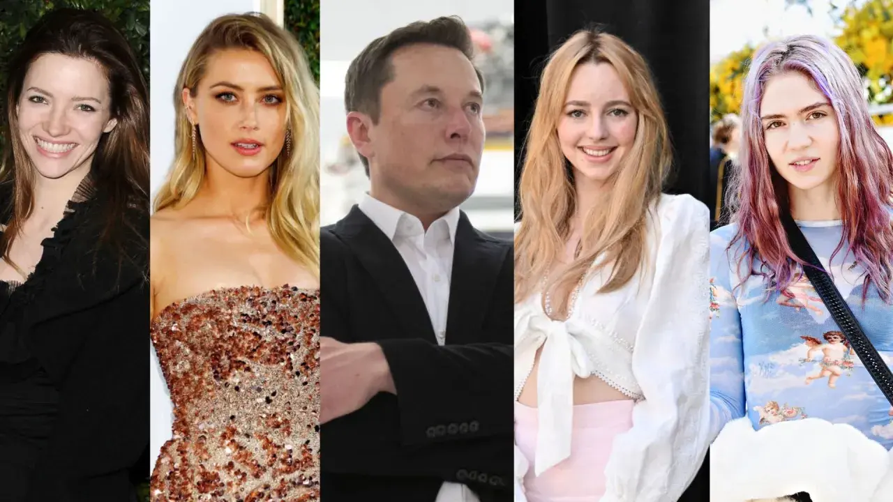 Elon Musk z żonami i partnerkami: Talulah Riley, Amber Heard, Grimes.