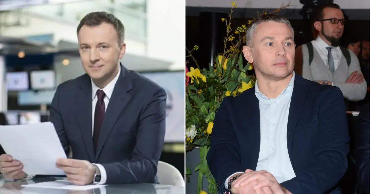Dwóch mężczyzn, byli dziennikarze TVN, w eleganckich strojach. Jeden w garniturze z dokumentami, drugi w marynarce, na tle kwiatów.