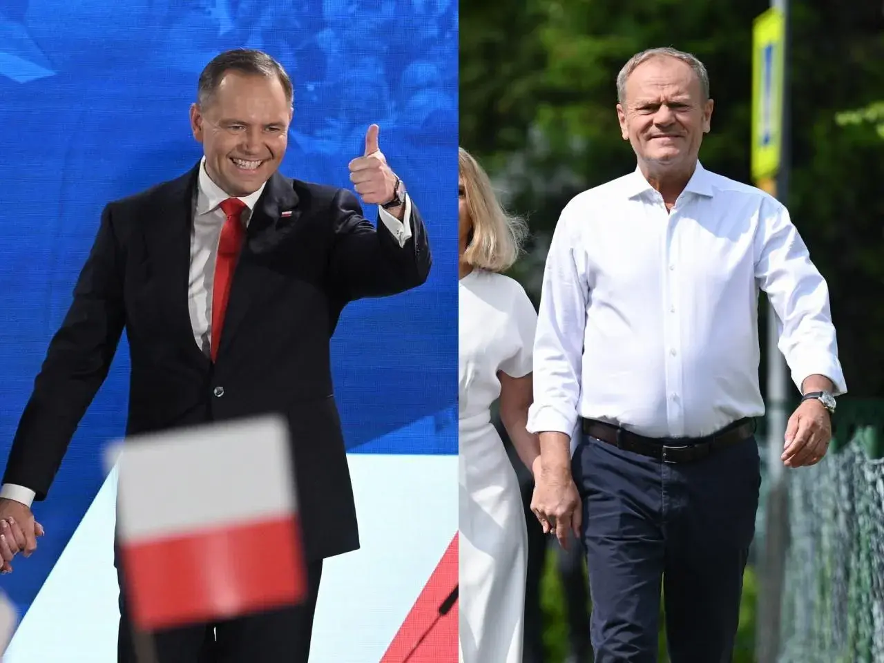 Dwaj politycy: jeden w garniturze z kciukiem w górze, drugi w białej koszuli.
