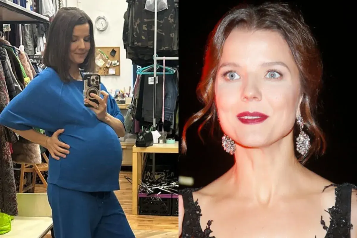 Joanna Jabłczyńska w zaawansowanej ciąży, z dłonią na brzuchu, obok jej twarz w eleganckiej kreacji.