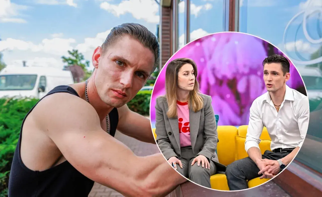 Filip Gurłacz w czerni i bieli, obok niego kobieta i mężczyzna w okrągłej ramce. Czy to jego rodzice?