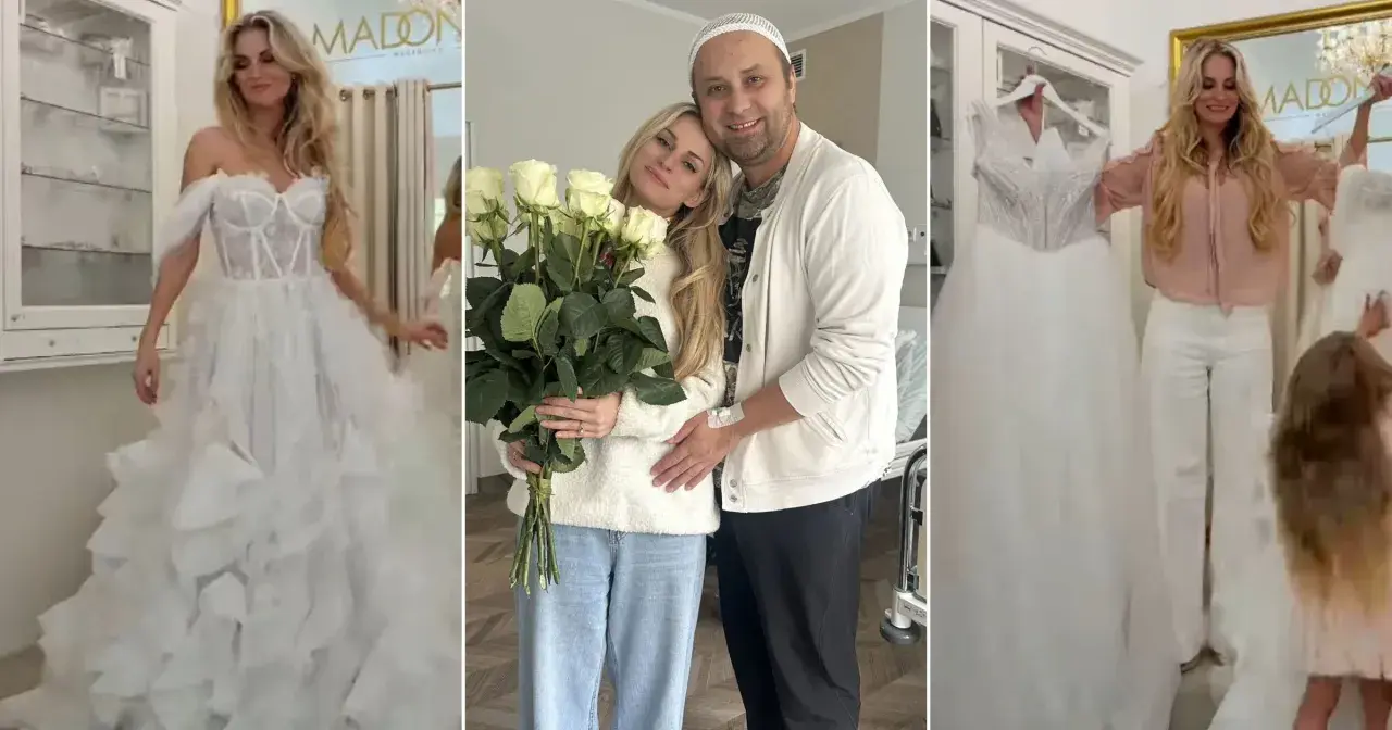 Anita ze "Ślub od pierwszego wejrzenia" w salonie sukien ślubnych. Widać ją w pięknej sukni, z bukietem róż i z partnerem.