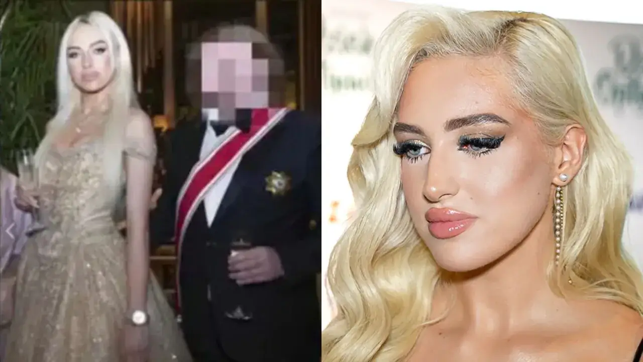 Caroline Derpienski w złotej sukni obok mężczyzny w garniturze. Jej wiek jest tematem dyskusji.