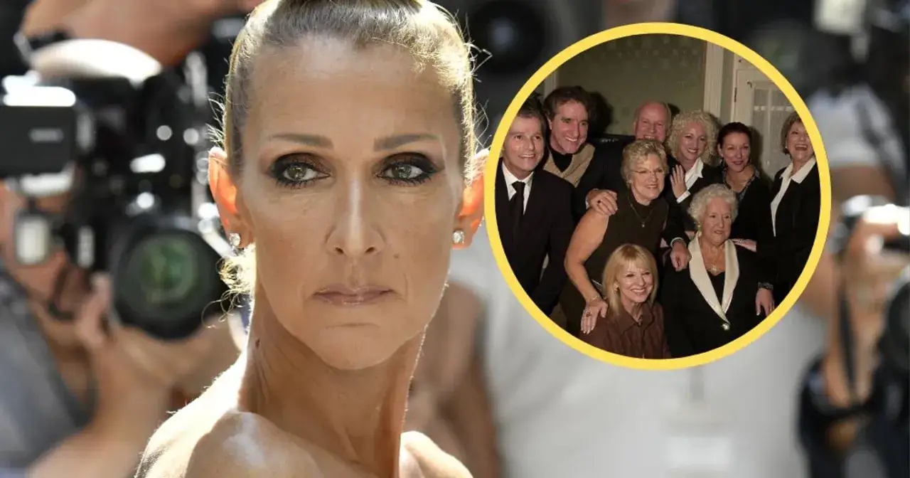 Céline Dion z rodziną. Na zdjęciu widać fragment twarzy piosenkarki oraz jej liczne rodzeństwo zebrane na wspólnym zdjęciu.