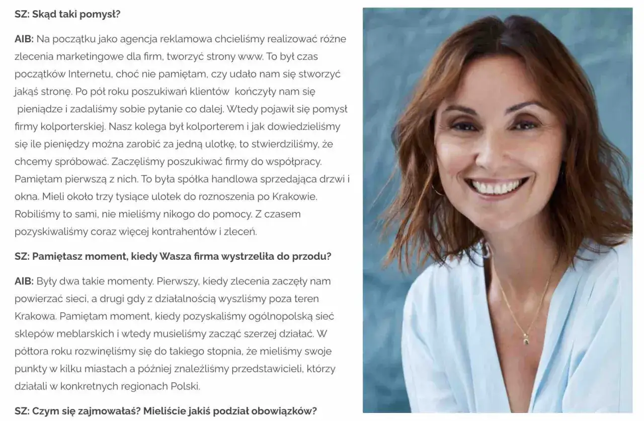 Uśmiechnięta Anna Izydorek Brzoska, z brązowymi włosami i w jasnej bluzce, opowiada o początkach swojej firmy.