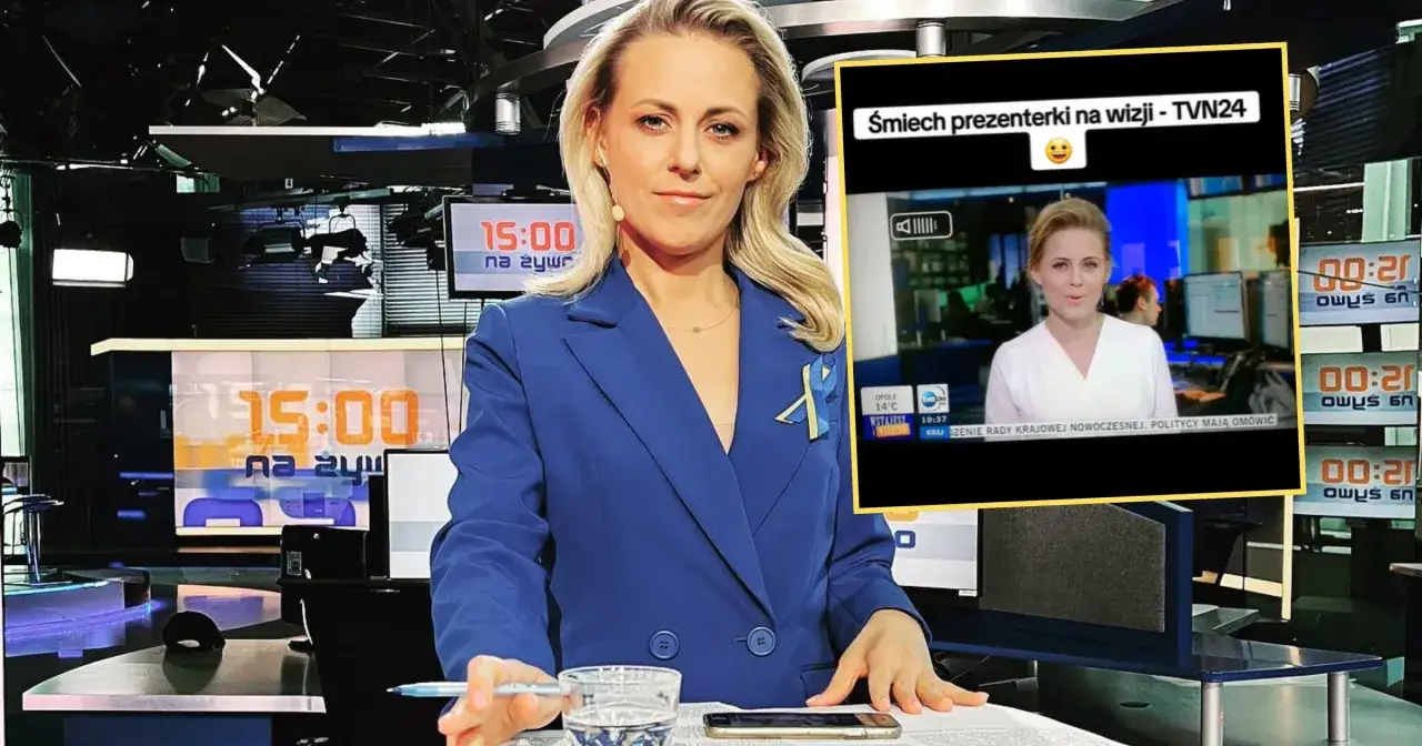 Marta Kłos, prezenterka TVN24, w studiu. W tle zegar z godziną 15:00. W prawym górnym rogu ekranu nagranie z jej uśmiechem na wizji.