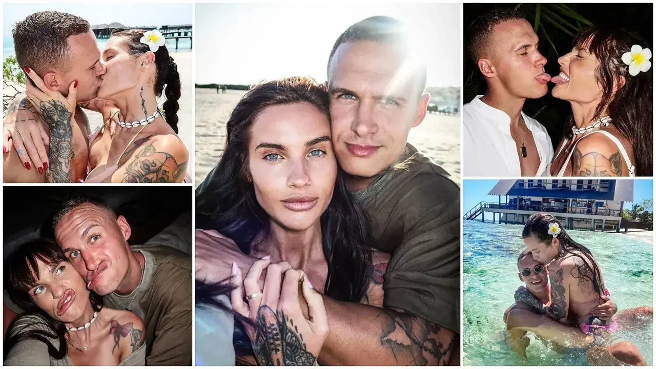 Mateusz Świerczyński z partnerką w różnych sceneriach, od pocałunków na plaży po zabawne miny.