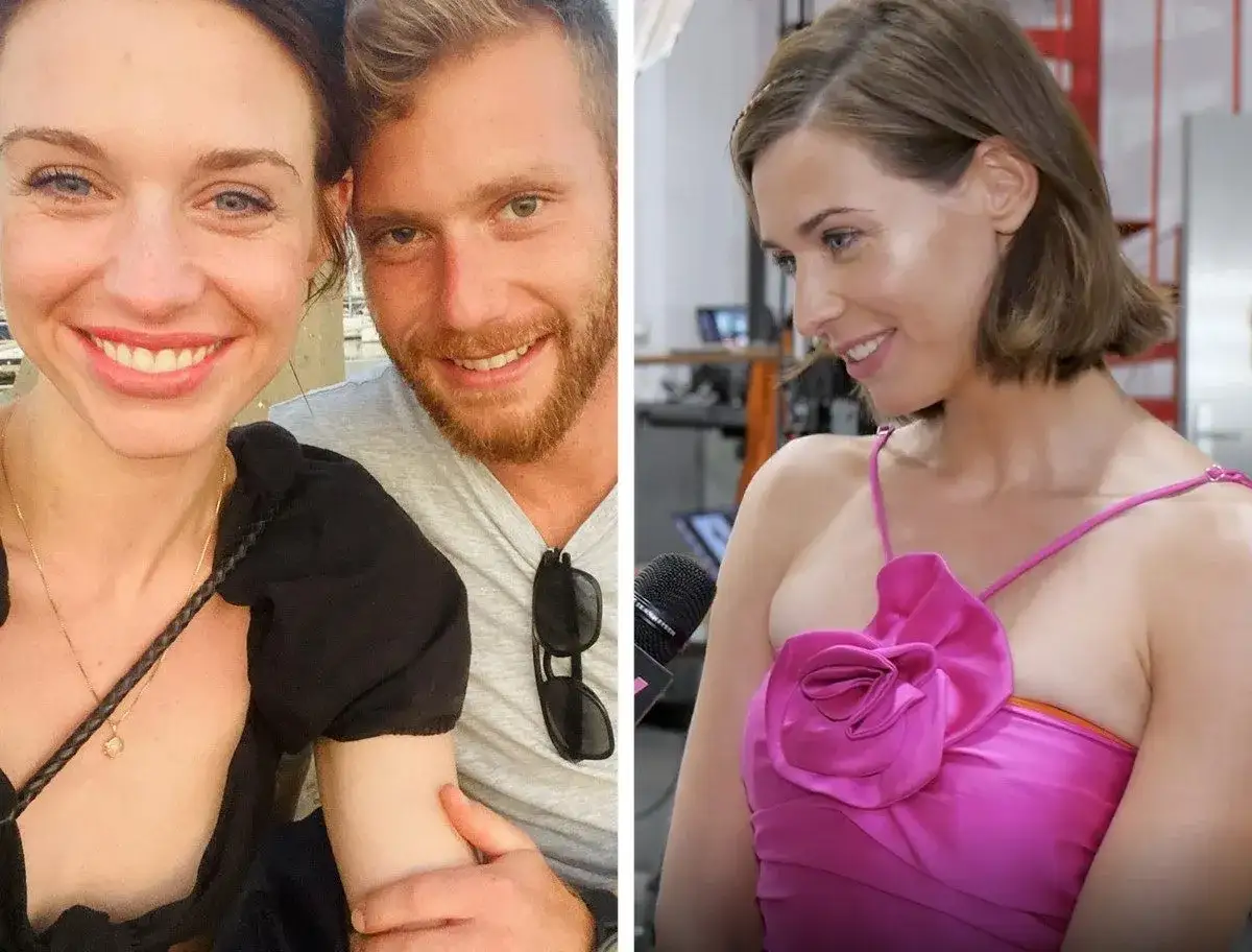 Julia Kamińska z partnerem na zdjęciu po lewej, po prawej w różowej sukience.