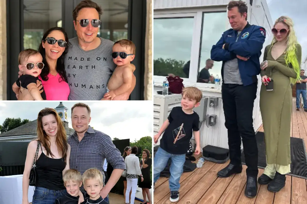 Elon Musk z żoną i dziećmi na różnych zdjęciach. Widać też jego dzieci z innymi partnerkami.