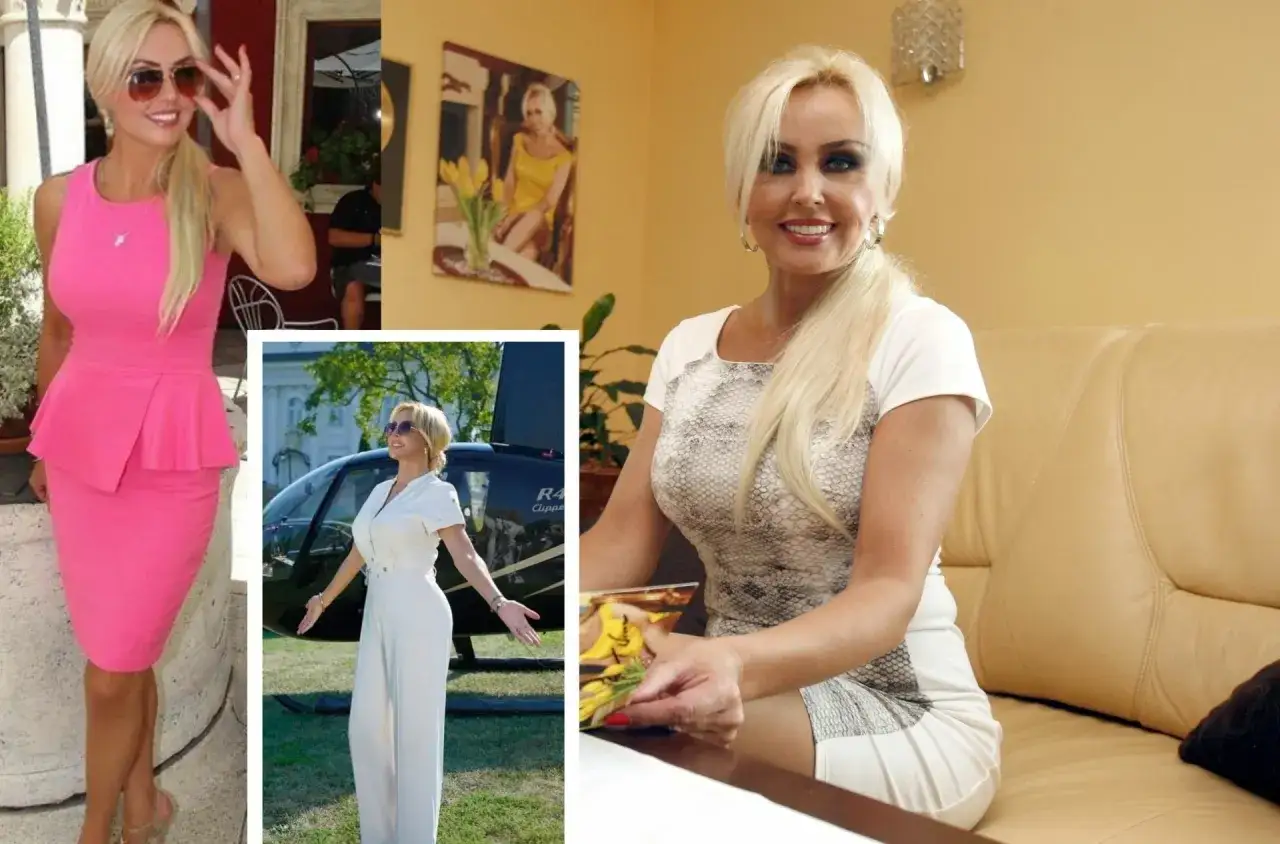 Teresa Werner w różowej sukience, w białym kombinezonie przy helikopterze i siedząca na kanapie. Jej wiek nie przeszkadza jej w byciu aktywną.