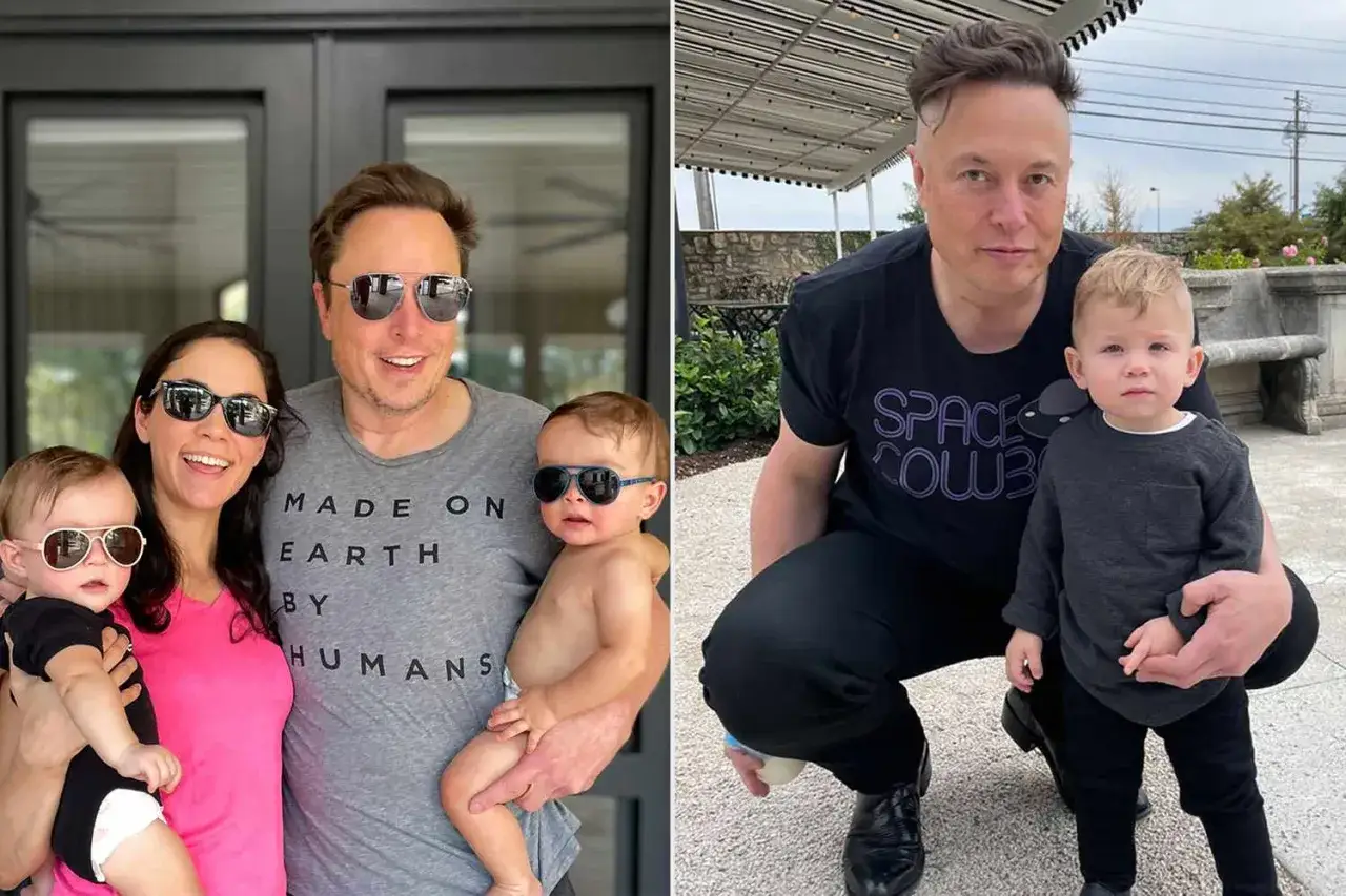 Elon Musk z żoną i dziećmi. Rodzina w okularach przeciwsłonecznych, dzieci w ramionach rodziców.