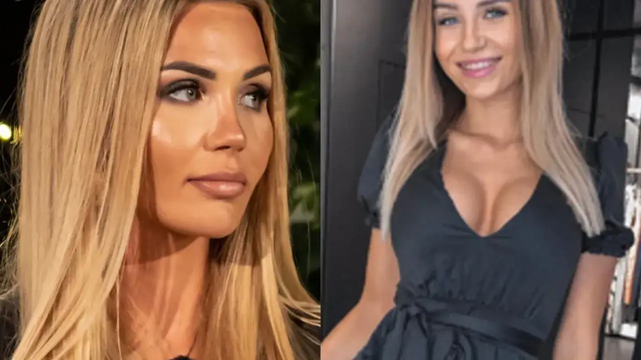 Angela z Love Island w czarnej sukience, z blond włosami i makijażem.