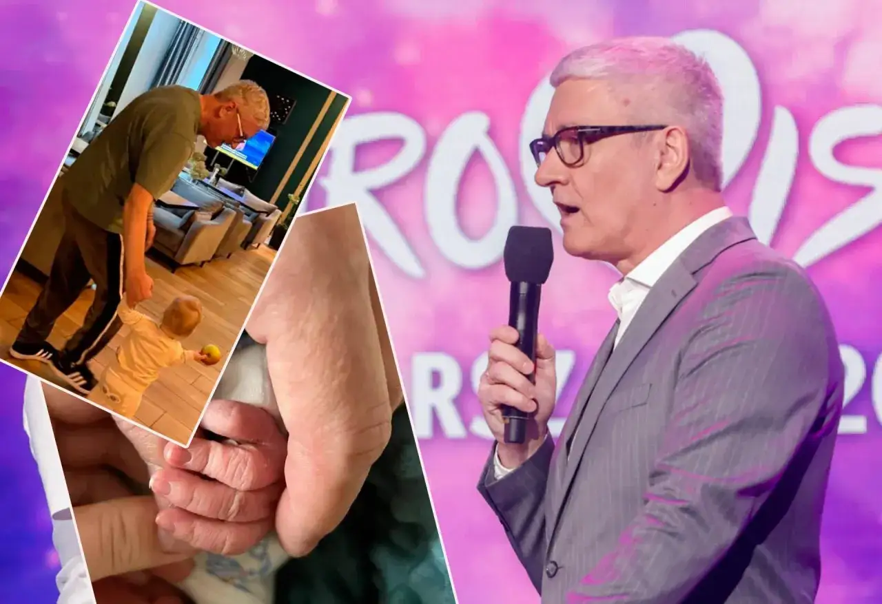 Artur Orzech z żoną i dziećmi. Na zdjęciu widać też jego dłonie trzymające dłoń dziecka.