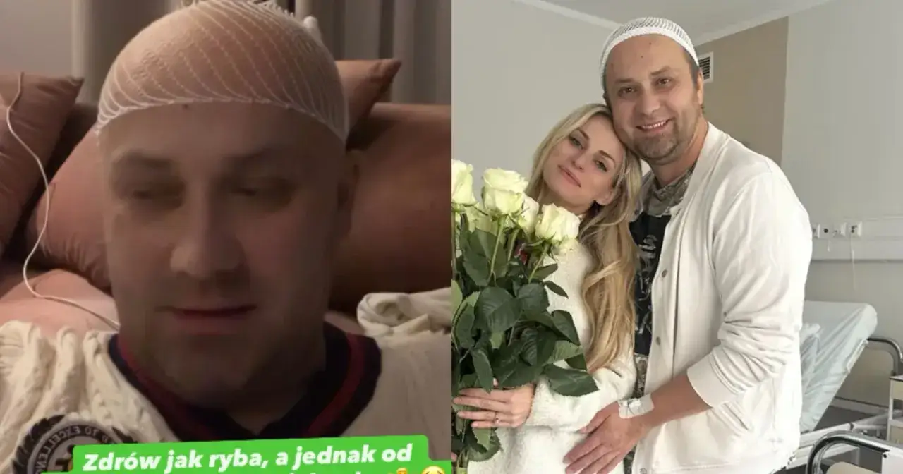 Adrian ze ślubu od pierwszego wejrzenia w siatce na głowie i z bukietem róż z ukochaną w szpitalu.