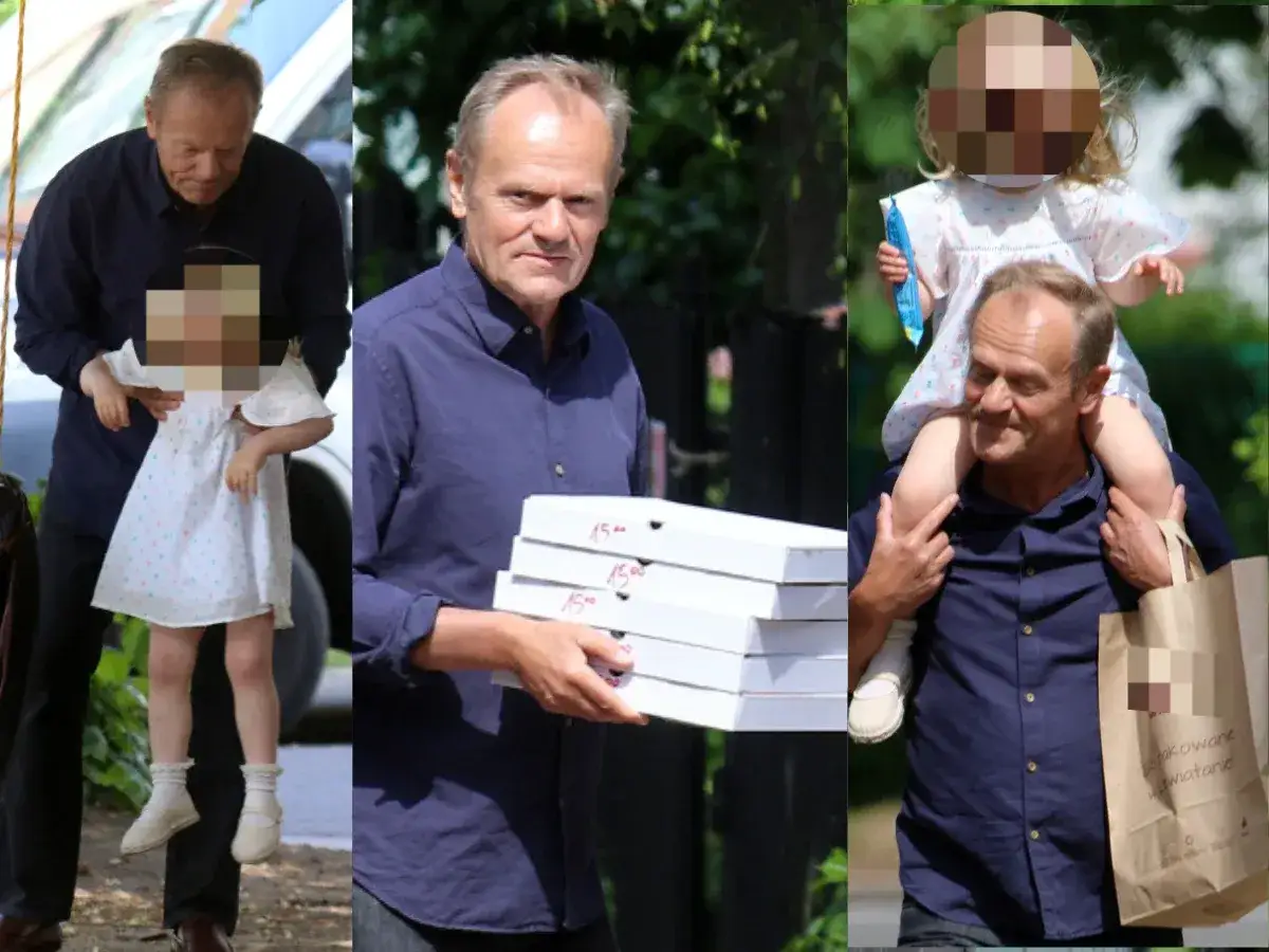 Donald Tusk z córką na ramionach, niosący pizzę. Wygląda na to, że jego partnerka w ciąży czeka na posiłek.